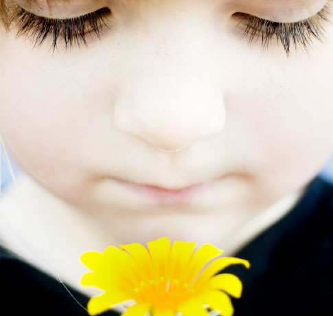 Photo of small child looking at yellow flower - part of FtSE's branding